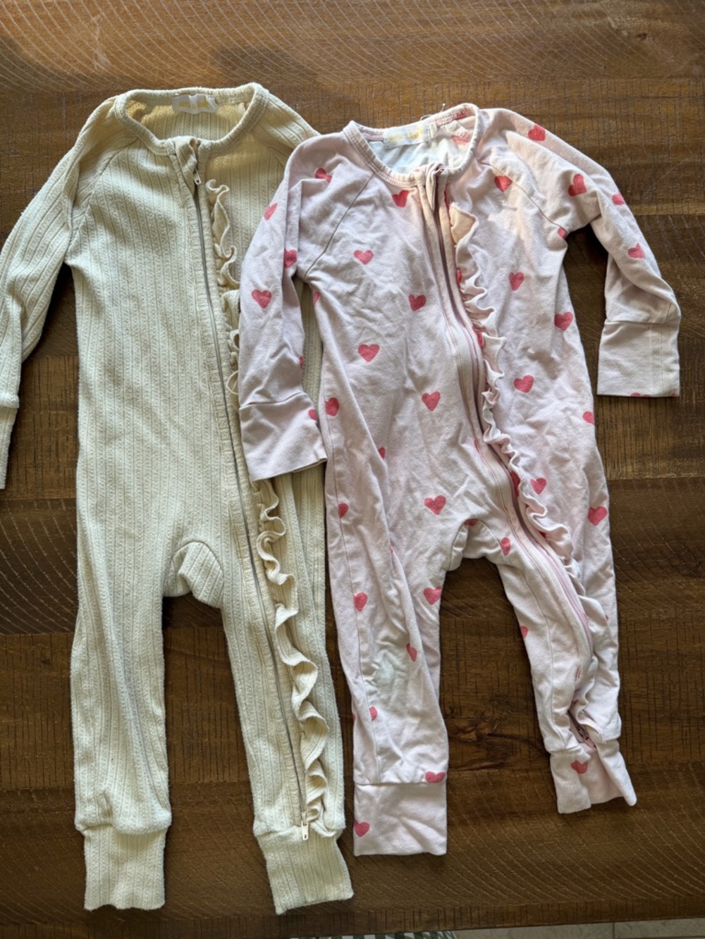 Set of 2 Little & Fern Zipper Rompers Size 6-12M Yellow and Pink with Hearts